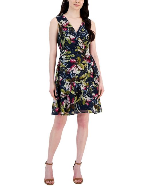 Connected Apparel Black Floral Print Above Knee Fit & Flare Dress