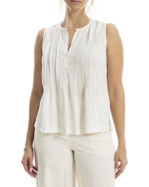 Max Studio White Pleated Button-Front Linen-Blend Blouse