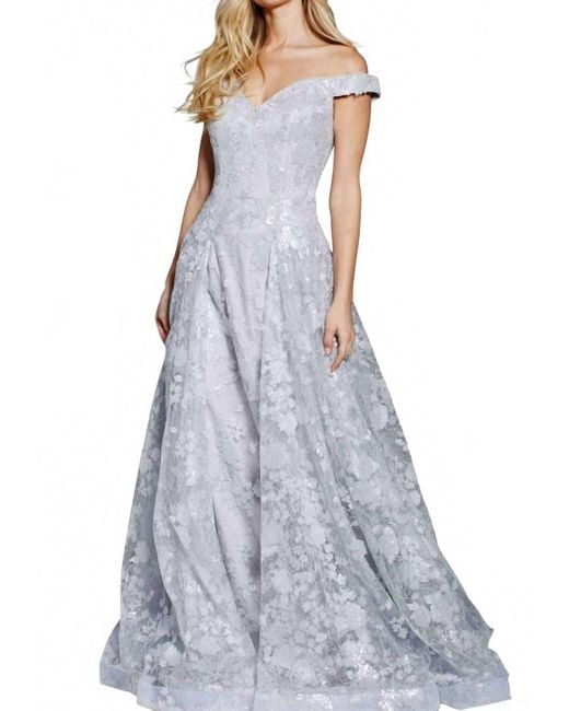 Jovani Blue Diaphanous Off-The-Shoulder Gown