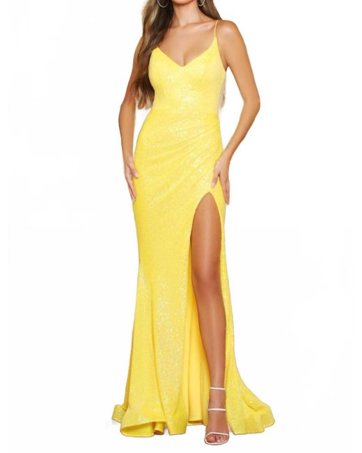 Ava Presley Yellow V-Neck With Slit Prom Dress