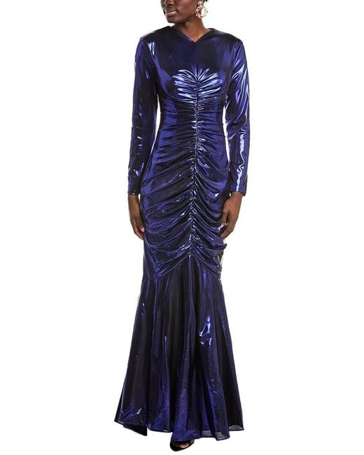Rene Ruiz Blue Hand-Draped Metallic Stretch Gown