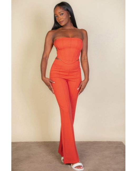 TRUEDAMES Red Strapless Corset Top & Flare Pants Set