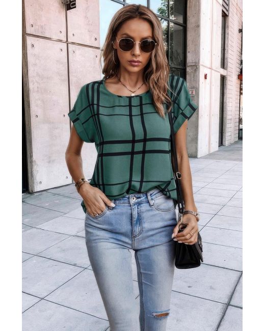 TRUEDAMES Green Plaid Print Notched Neckline Batwing Sleeve Blouse