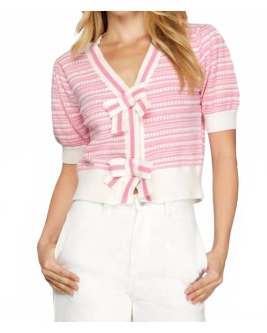 She + Sky Pink Puff Short Sleeve Bow Front Striped Sweater Cropped Cardigan