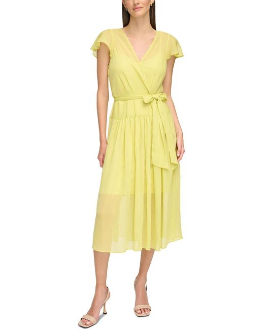 Calvin Klein Yellow Metallic Chiffon Wrap Dress