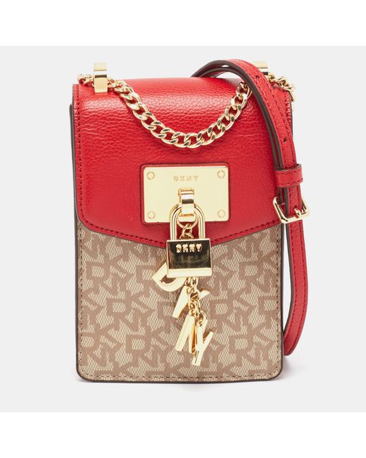 DKNY Red /beige Monogram Coated Canvas And Leather Elissa North South Crossbody Bag