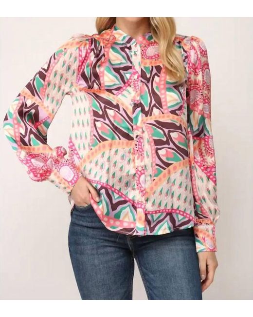 Fate Pink Mixed Print Band Collar Front Button Closure Shirt In Peach