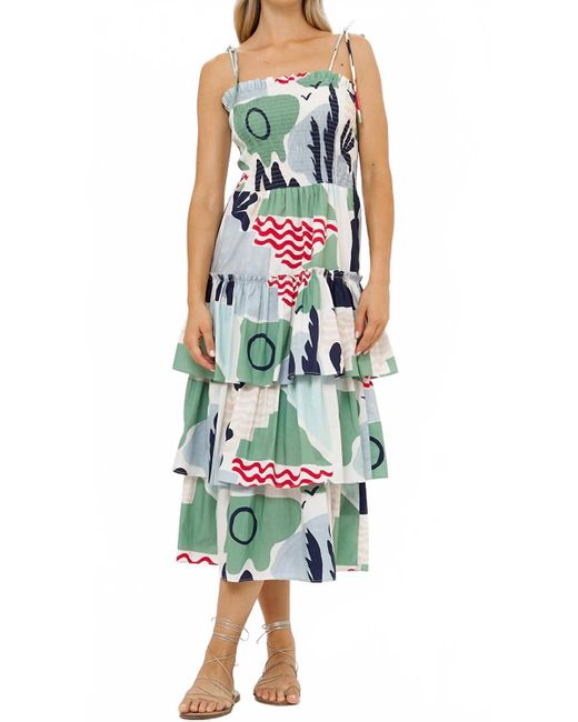 Oliphant Green Smocked Ruffle Midi Dress