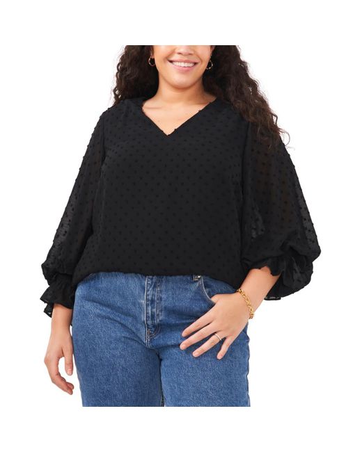 Vince Camuto Black Plus Mood Clip Dot V Neck Blouse