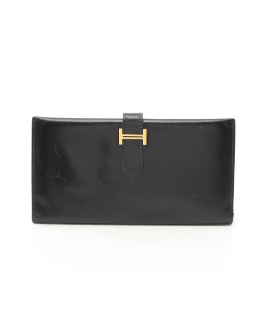 Hermès Black Bearn Classic Bi-fold Long Wallet Box Calf Gold Hardware □e Stamp