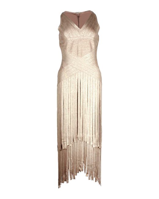 Hervé Léger Natural Tiered Fringed Metallic Midi Dress