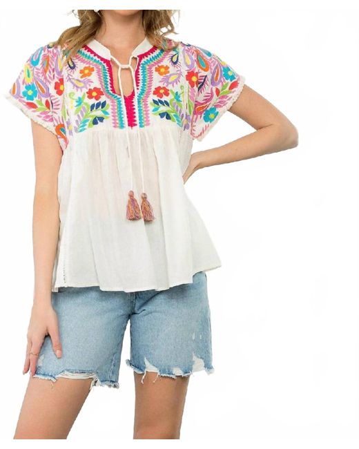 Thml Blue Creative Spirit Tassel Tie Embroidered Top