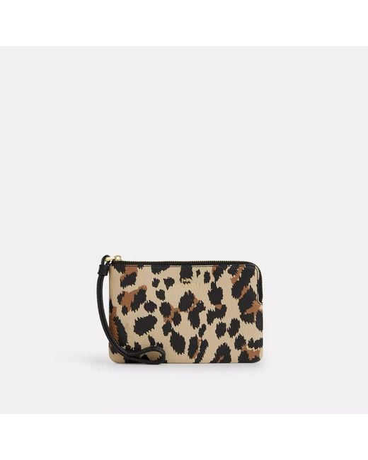 COACH Black Corner Zip Wristlet With Leopard Print