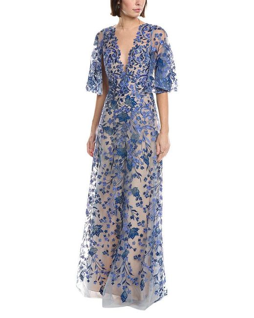 Marchesa Blue Embroidery On Tulle Gown