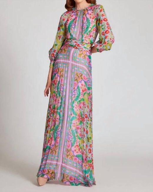 Teri Jon White Patchwork Chiffon Gown In Pink Multi