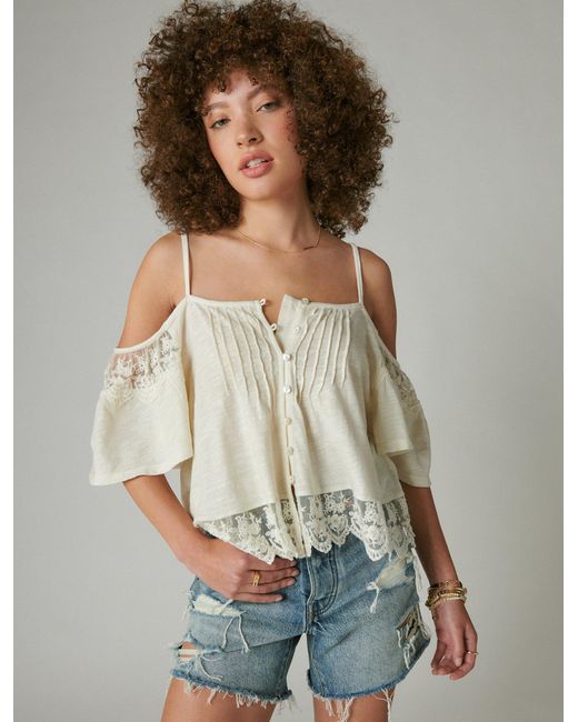 Lucky Brand Natural Embroidered Lace Cold Shoulder Top