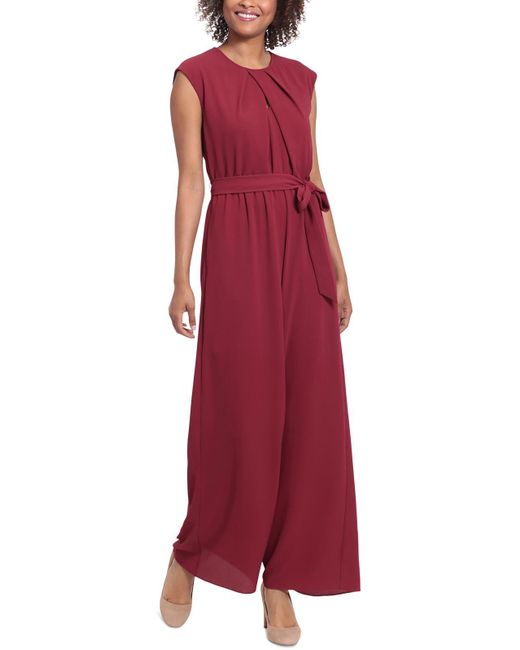 London Times Red Pleated Polyester Jumpsuit