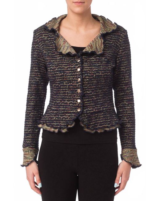 Joseph Ribkoff Black Ruffle Lapel Snap Jacket