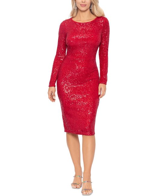 Xscape Red Sequined Knee-length Cocktail And Party Dress