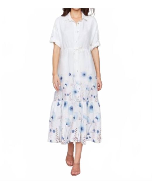 Charlie b Blue Printed Linen Blend Button-Front Maxi Shirt Dress