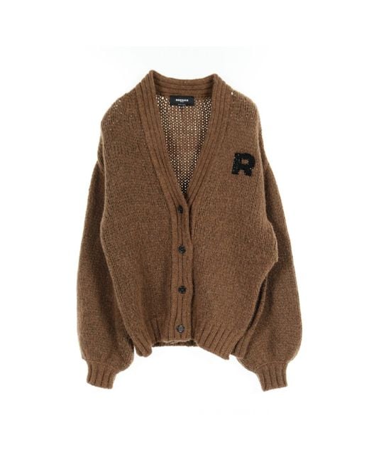 Rochas Knit Cardigan Beaded Logo Embroidery Wool Brown