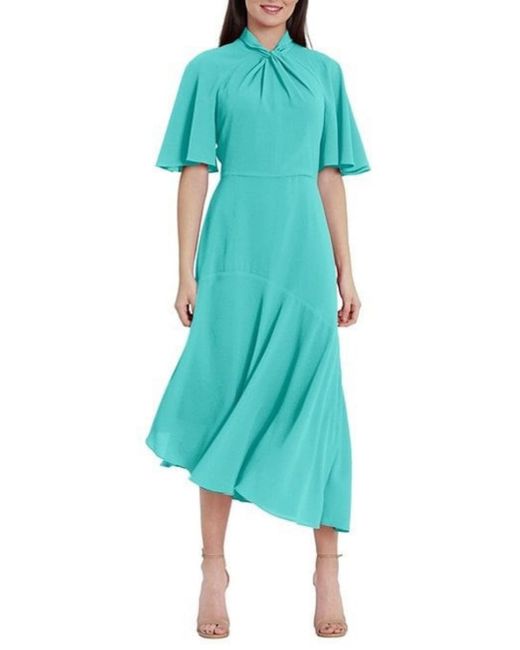Maggy London Green Twist Mock Neck Flutter Sleeve Midi Dress