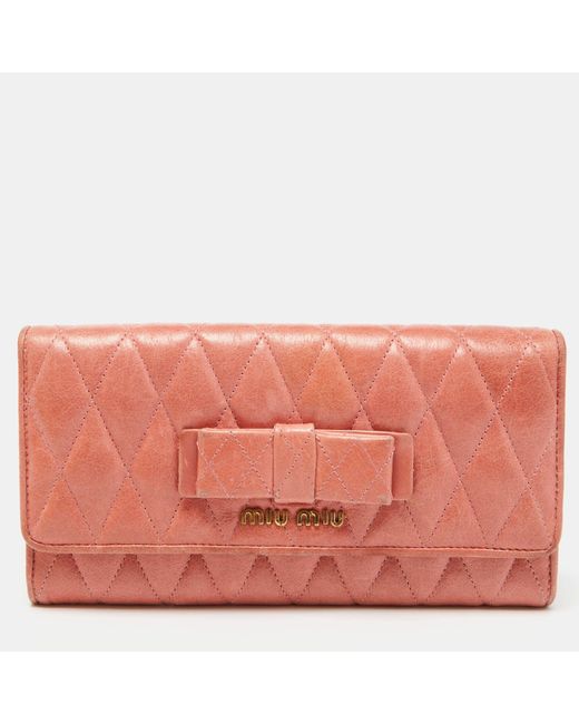Miu Miu Pink Peach Matelasse Leather Bow Flap Continental Wallet