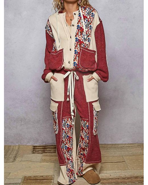 Pol Red Contrast Thermal Patchwork Button Hoodie
