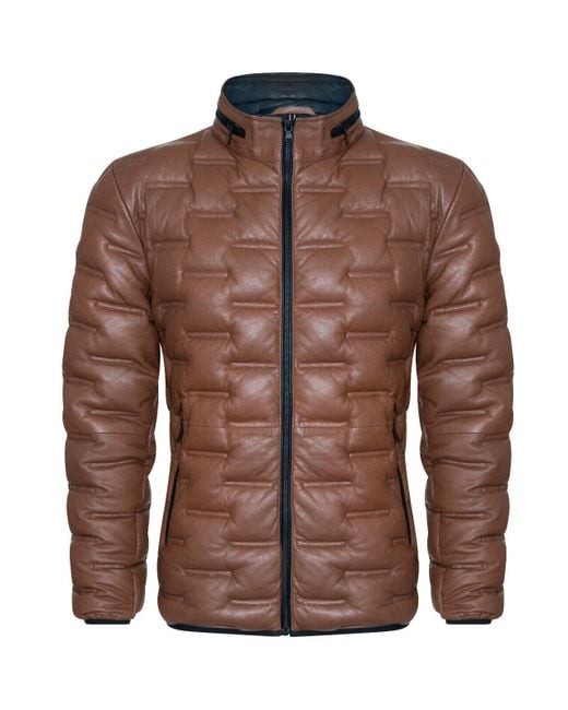 Infinity Leather Brown Puffer Quilted Bomber Jacket for men
