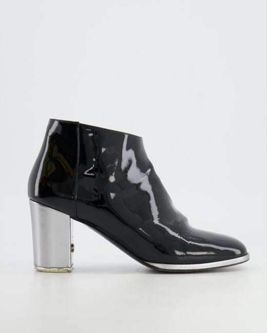 Chanel Black Patent And Silver Heeled Boots With Cc Logo