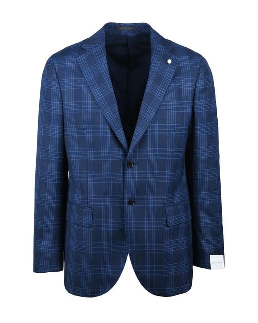 Luigi Bianchi Blue Round Jacket With Checkered Pattern And Two-Button Closure for men
