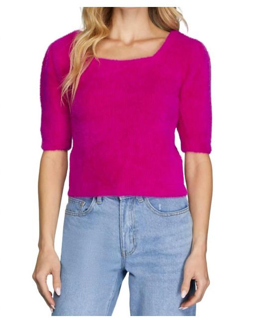 She + Sky Purple Short Sleeve Square Neck Fuzzy Sweater