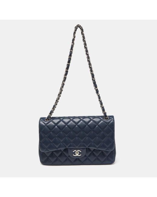 Chanel Blue Quilted Caviar Leather Jumbo Classic Double Flap Bag