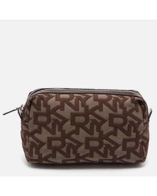DKNY Brown /beige Signature Canvas And Patent Leather Pouch