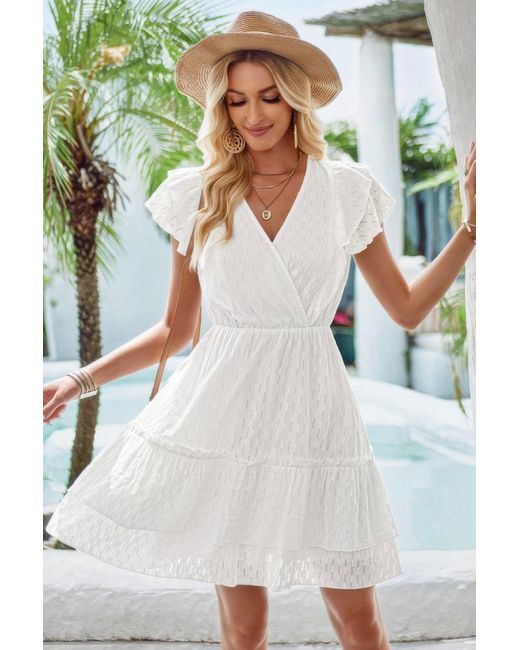 TRUEDAMES Women's White V Neck Hollow Pleated A Line Short Dress