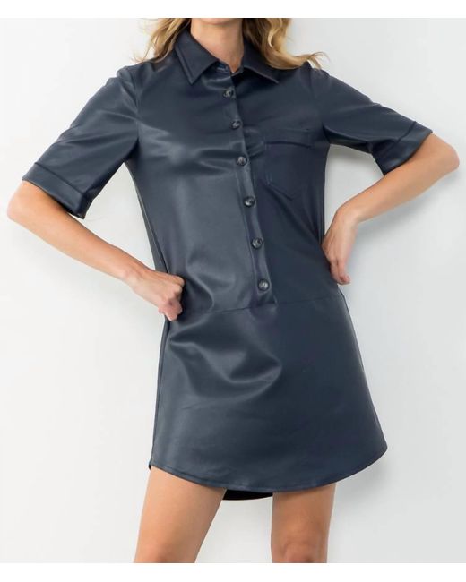 Thml Blue Remi Short Sleeve Button Up Leather Dress