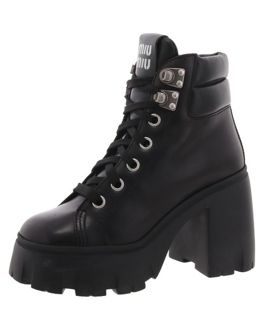 Miu Miu Black Leather Chunky Combat & Lace-Up Boots
