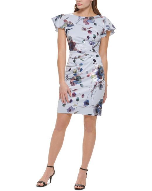 Jessica Howard Blue Petites Floral Print Polyester Cocktail And Party Dress