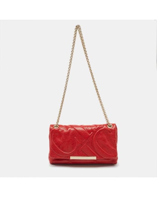 Carolina Herrera Red Ch Embossed Leather Flap Chain Shoulder Bag