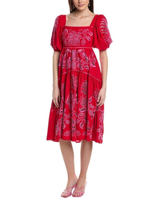Farm Rio Red Palm Tree Richilieu Linen-blend Midi Dress