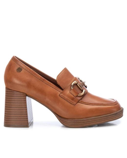 Xti Brown Leather Heeled Loafers
