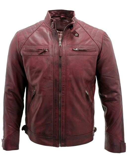 Infinity Leather Red Vintage Zipped Leather Racing Quilted Biker Jacket for men