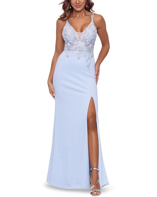 Xscape Blue Glitter Lace-up Evening Dress
