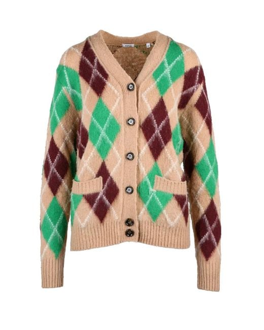 Aspesi Multicolor Argyle Pattern V-Neck Wool Cardigan