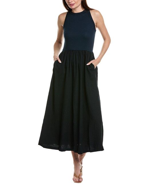 Stateside Black Mixed Media High-neck Linen-blend Maxi Dress