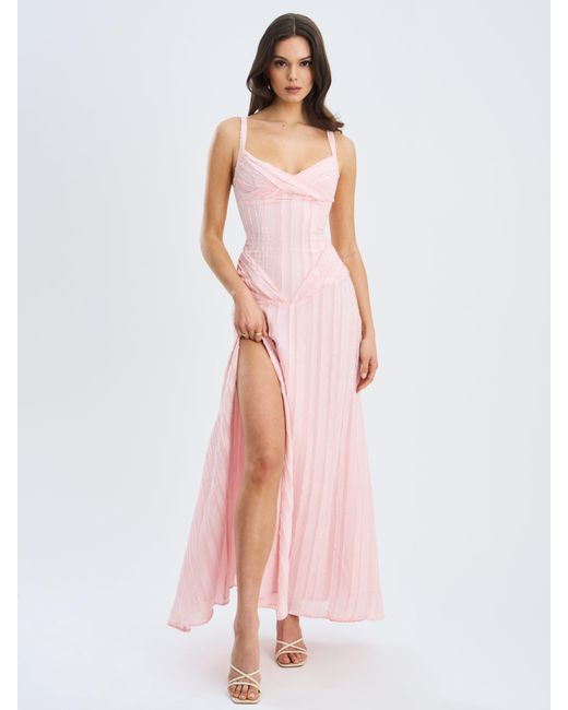 Miss Circle White Mallory Baby Stripe Jacquard High Slit Gown