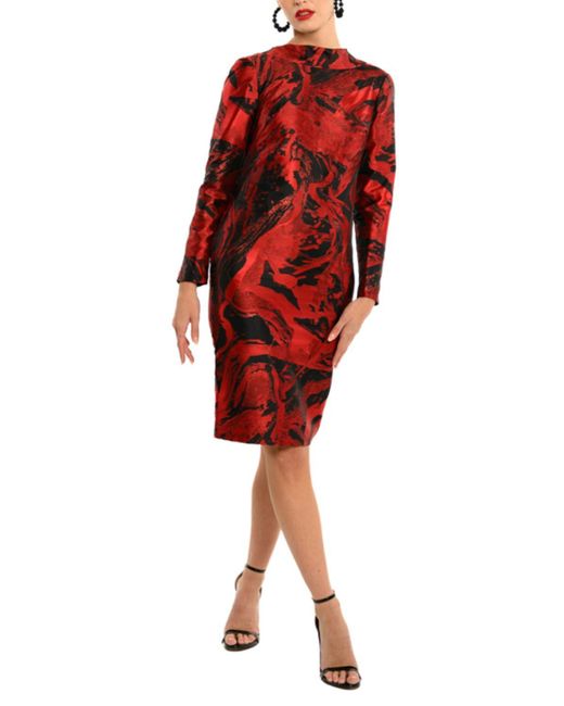 Cenia Red Metallic Abstract Back Bow Sheath Dress