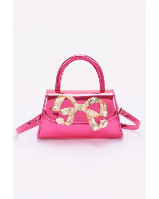 Fashnzfab Pink Faux Mirror Leather Ribbon Metal Top Handle Bag
