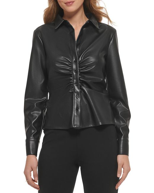 DKNY Black Faux Leather Ruched Button-down Top