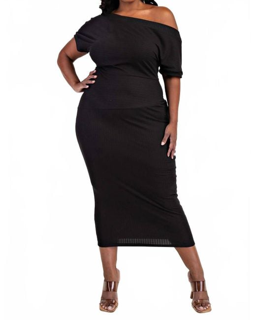 The Curve Black Plus Size Ribbed Knit Off Shoulder Knit Midi Dress